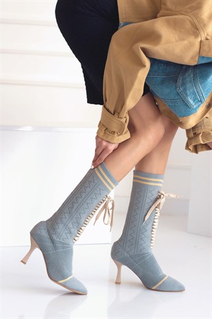 Tegan Gri Triko Bağcık Detay Kadın Topuklu Çizme